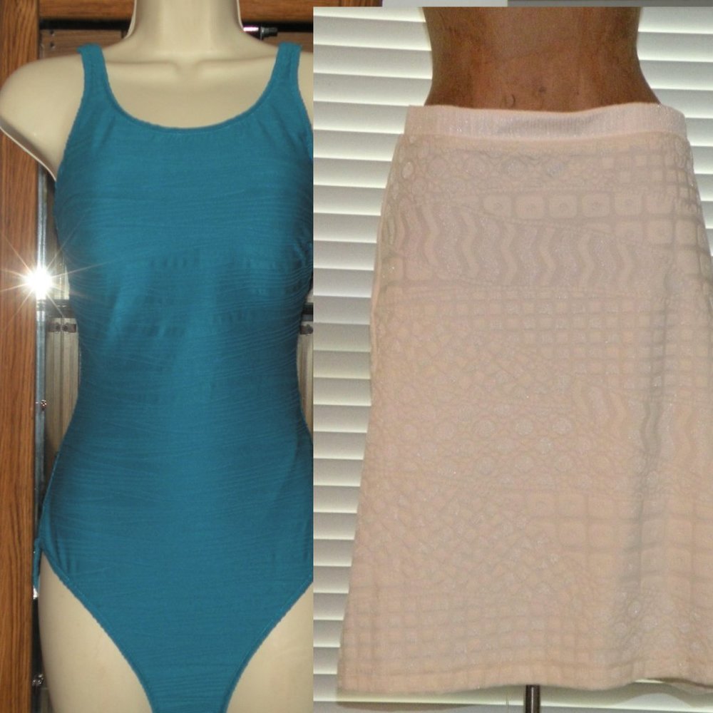$237 GOTTEX Blue Swim Suit & Ivory Cover Up sz 8